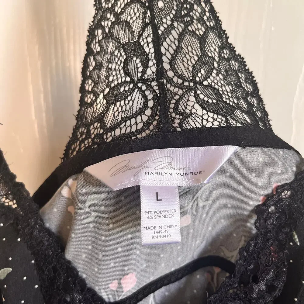 Marilyn Monroe Black Floral Lace Racerback Chemise Nightgown Sz L Coquette